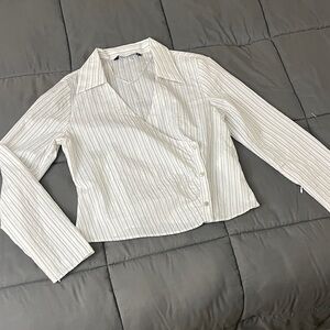 Zara Cream White Pinstripe Wrap Button-Down Shirt